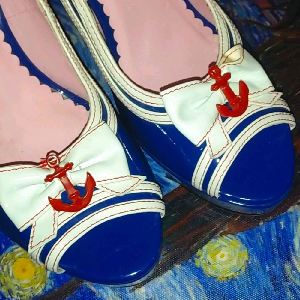 Leg Avenue Blue White Red Anchor Peep-Toe Heels